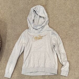 Nike Women's Light Gray Hoodie with Gold Logo